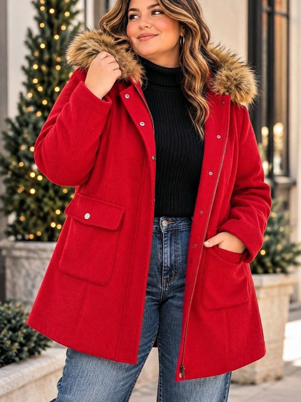 Torrid Plus Size Red Hooded Faux Fur Trim Parka Coat Winter Wool Blend Jacket